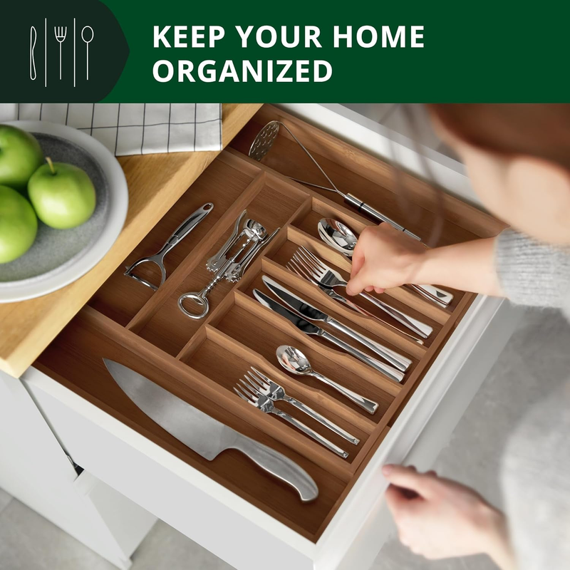Bamboo Kitchen Drawer Organizer 9 Slot Silverware Utensil Cutlery Tray2