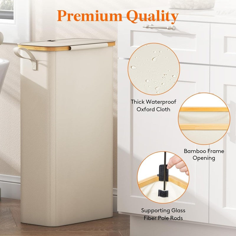 Slim 65L Laundry Hamper with Bamboo Handles, Foldable Basket with Lid, White6