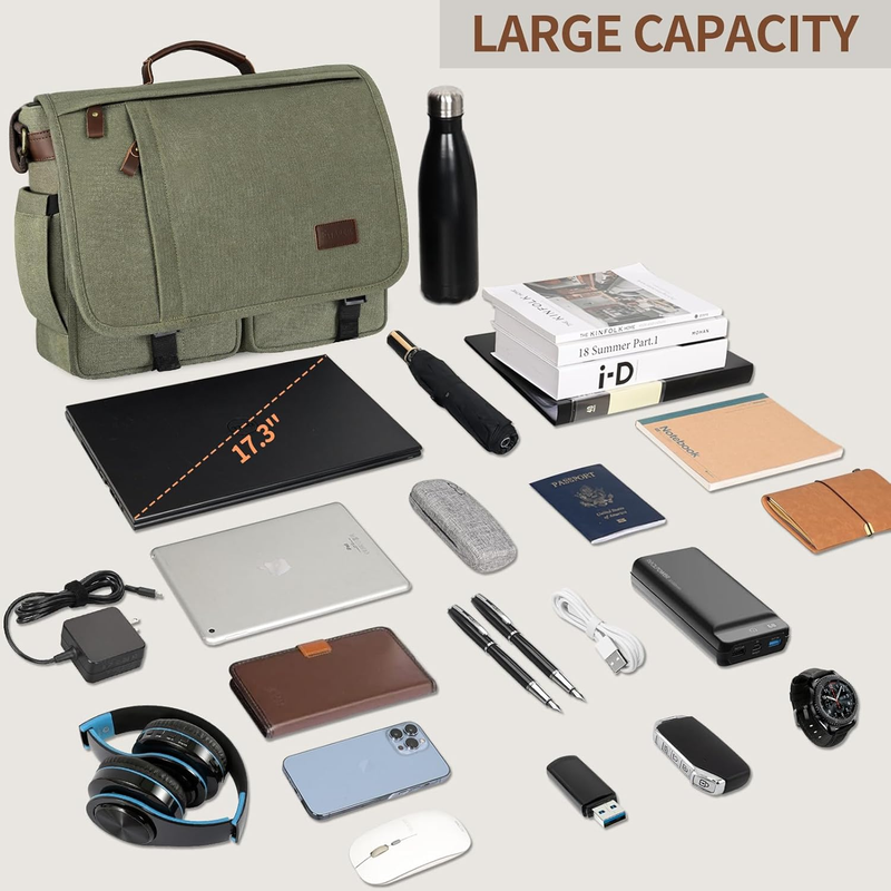 Mens Messenger Bag 17.3in Water Resistant Briefcase Satchel Army Green3