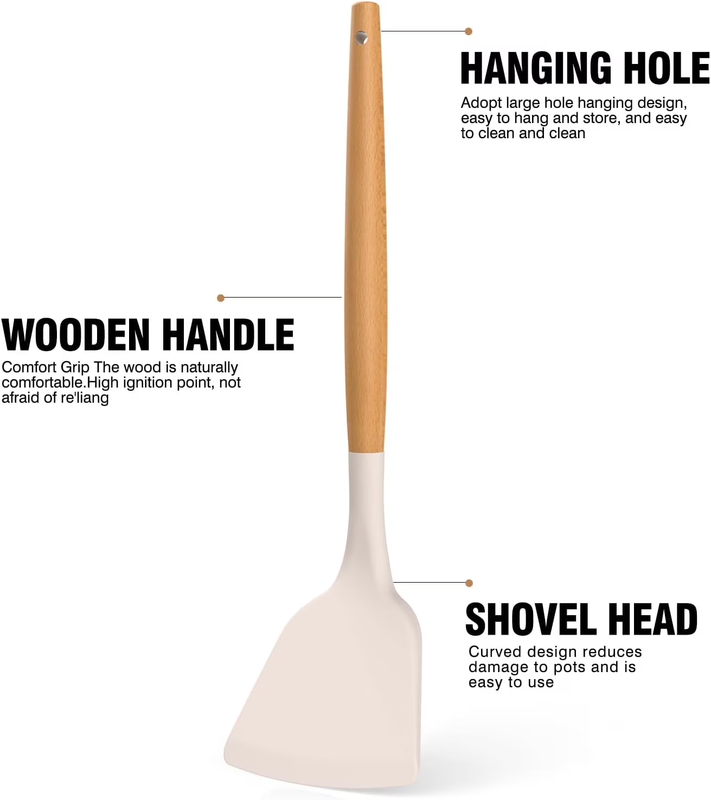 Silicone Kitchen Utensil Set Wooden Handle Holder Heat Resistant Khaki2