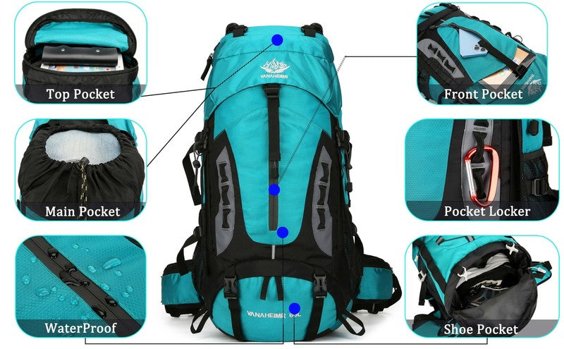 60L Travel Hiking Camping Backpack with Rain Cover,Backpack Water Resistant,Trav9