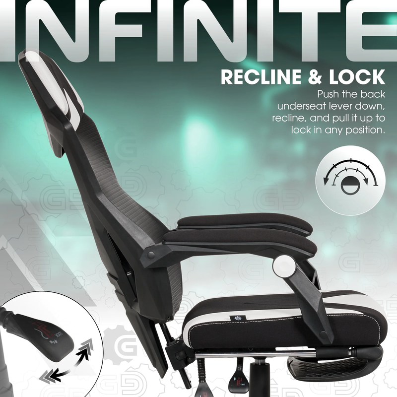 Gaming Office Chair with Extendable Leg Rest White Black Fabric Ergonomic3