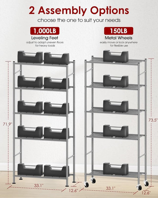 5 Tier Metal Storage Shelves w Wheels Heavy Duty Adjustable Silver2