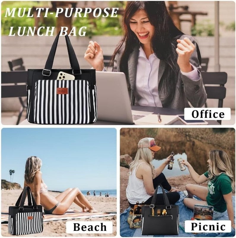 Large Insulated Lunch Bag for Women Leakproof 12L Cooler Tote Black Stripes5