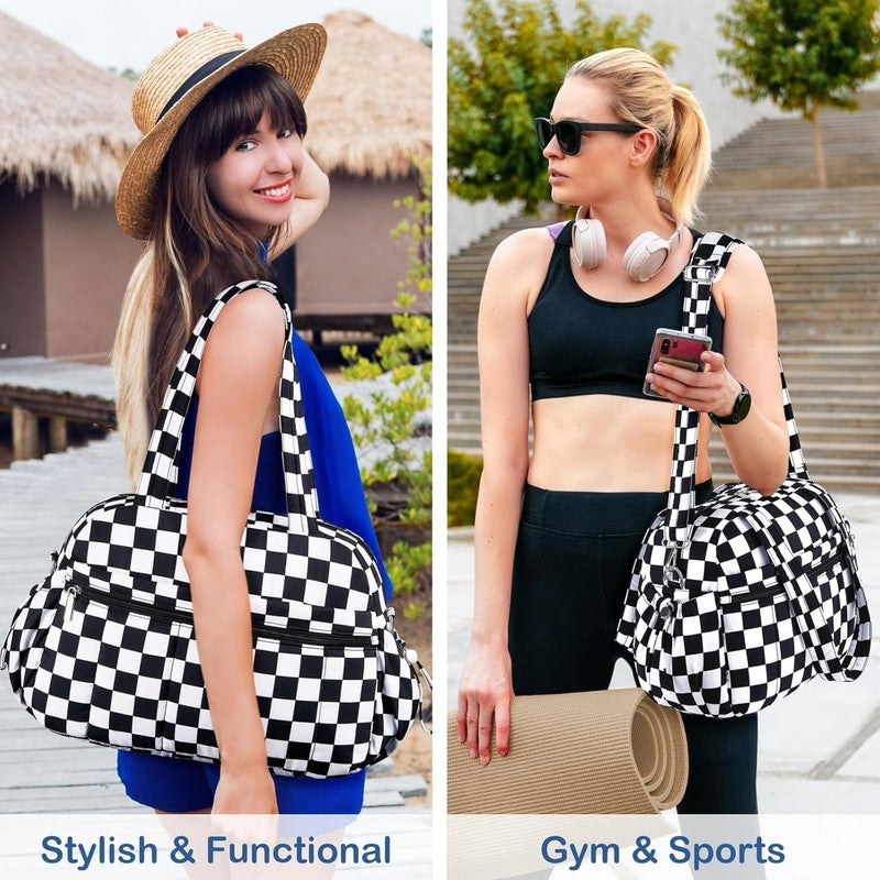 Travel Duffel Bag Women Puffer Gym Weekender Wet Pocket Carry On Checkerboard2