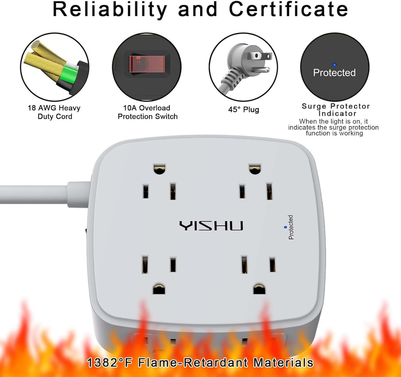 10FT Surge Protector Power Strip 8 Outlets 4 USB Flat Plug Extension Cord5