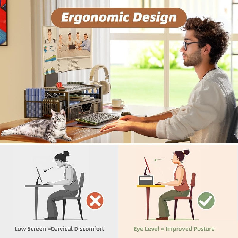 2-Tier Metal Monitor Stand with Drawer & Pen Holder for Desk Organization5