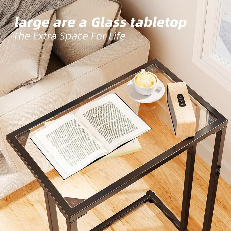 C Shaped Glass End Table, Black Side Table for Couch, Bed, Small Spaces2
