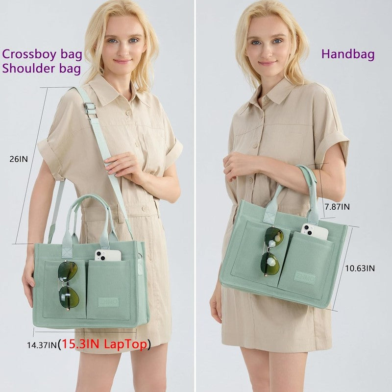 Women’s Canvas Tote Bag Large Shoulder Handbag w/ Compartments Work Laptop Bag2