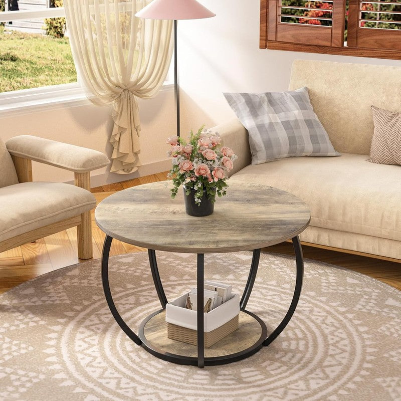 Round 2 Tier Coffee Table with Storage 27.6" Adjustable Feet, Grey Wash5