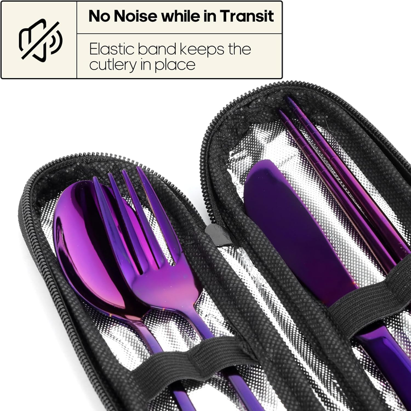 Reusable Travel Utensils Set Stainless Steel Fork Spoon with Case Purple2
