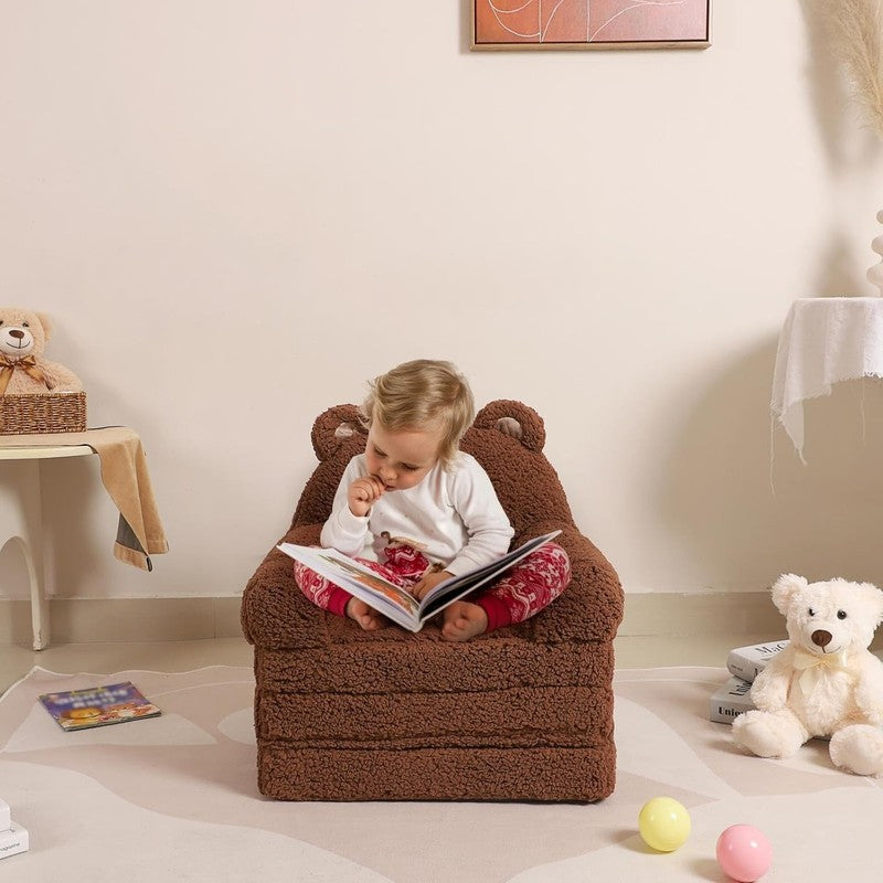 Kids Sherpa Sofa w/ Tri Layer Foam Cushions, Comfy Toddler Seating, Brown1