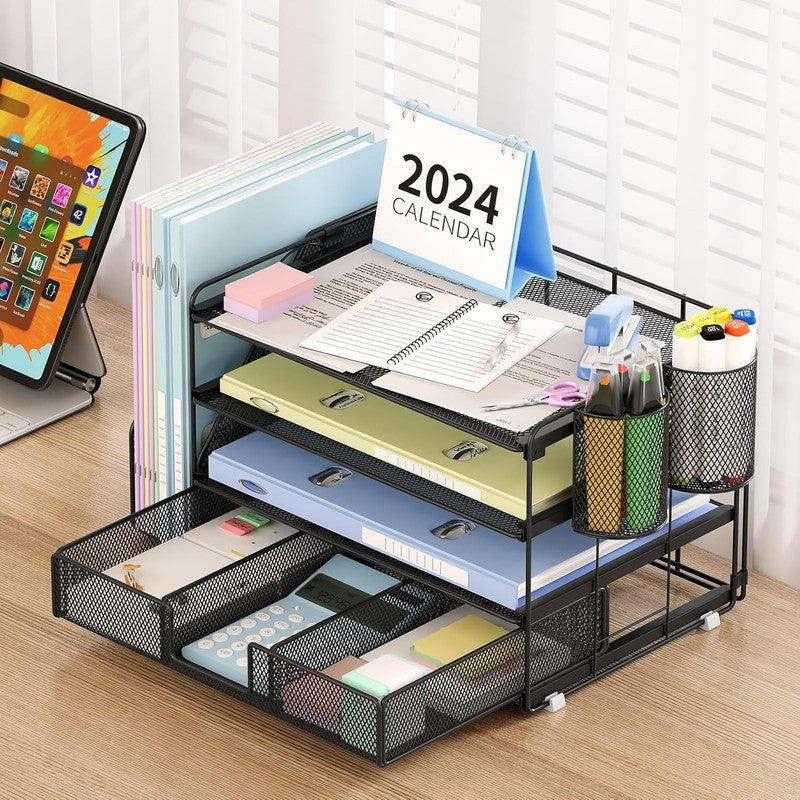 4-Tier Desk Organizer with Drawer & Pen Holders - Office Supplies (Black)2