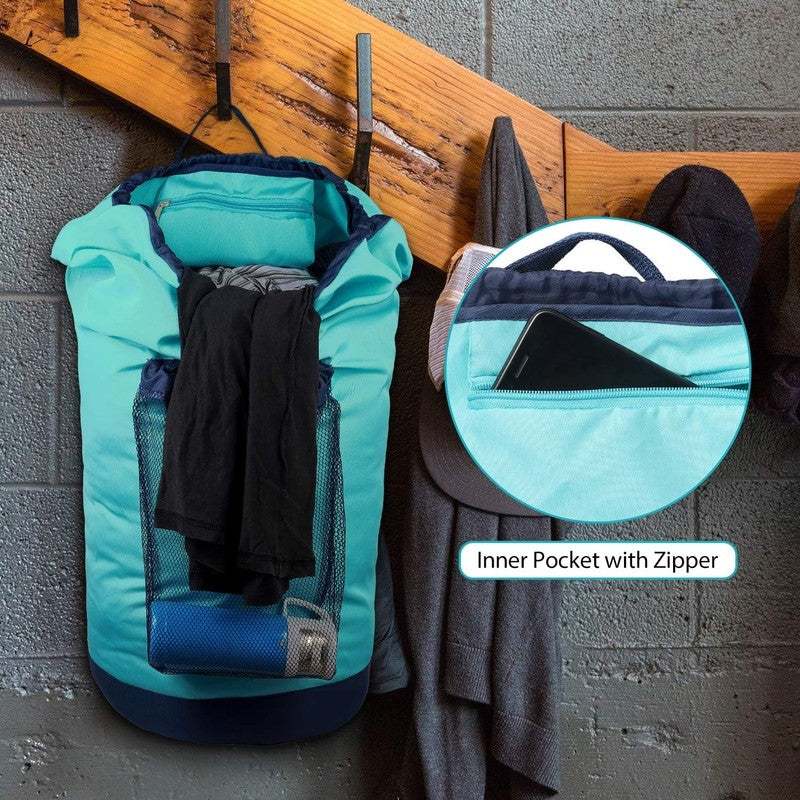 Backpack Laundry Bag with Straps & Mesh Pocket, Durable Nylon Clothes Blue3