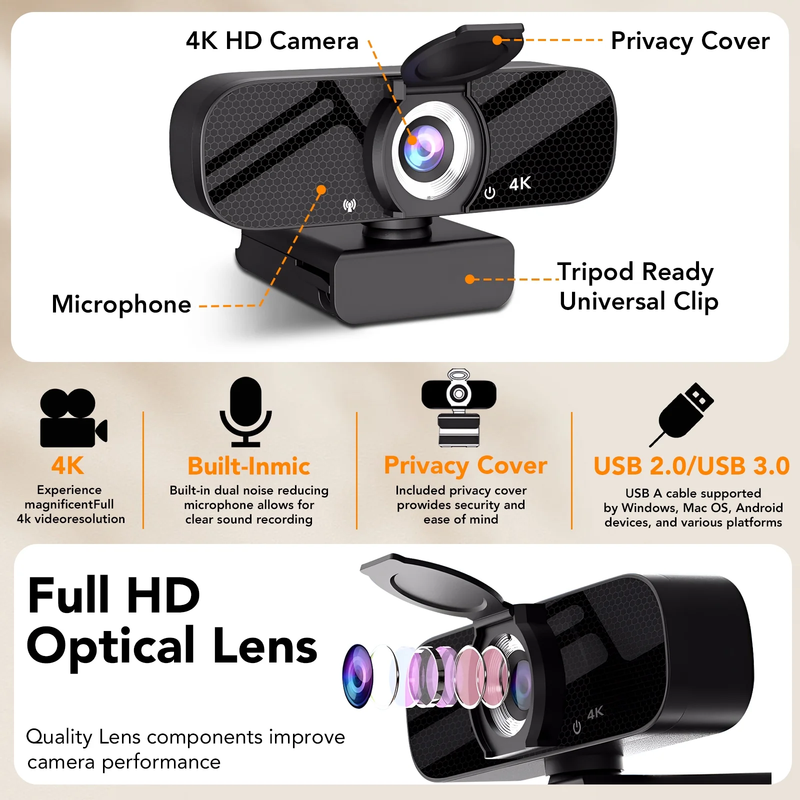 4K UHD Webcam PDAF Autofocus Noise Cancel Mic USB A Privacy Cover PC Laptop2