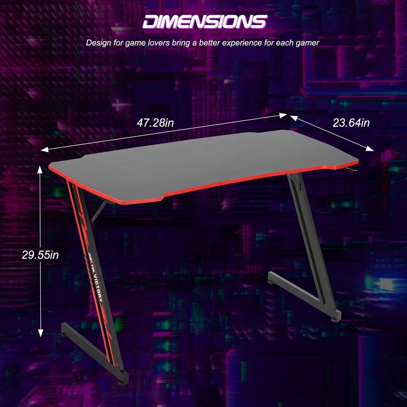 47" Z Shaped Ergonomic Gaming Desk w/ Headphone Hook Red for Adults2