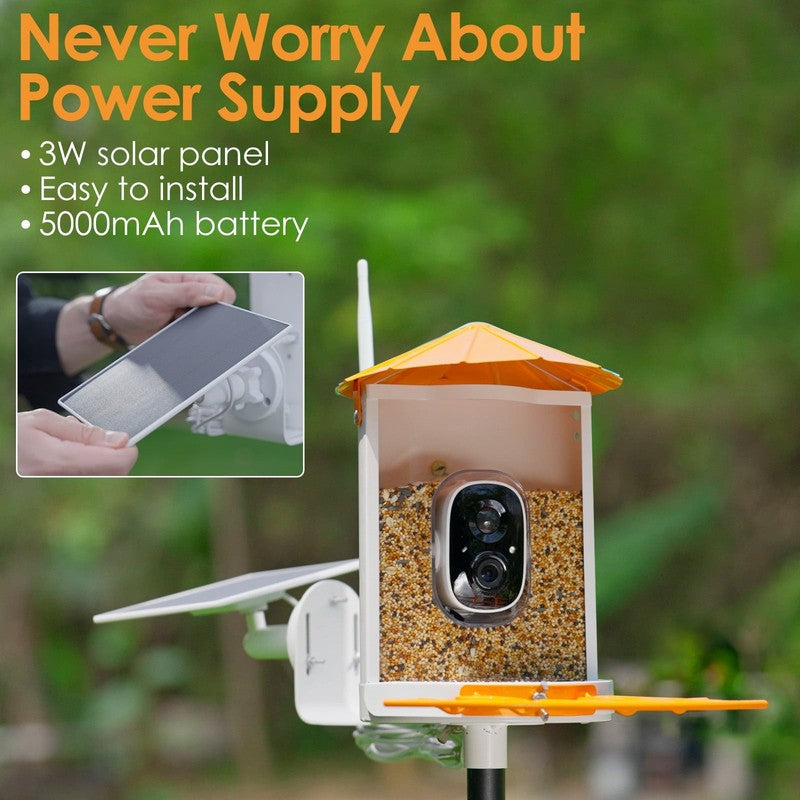 Smart Bird Feeder w Camera Metal Squirrel-Proof AI ID Solar Panels Orange6