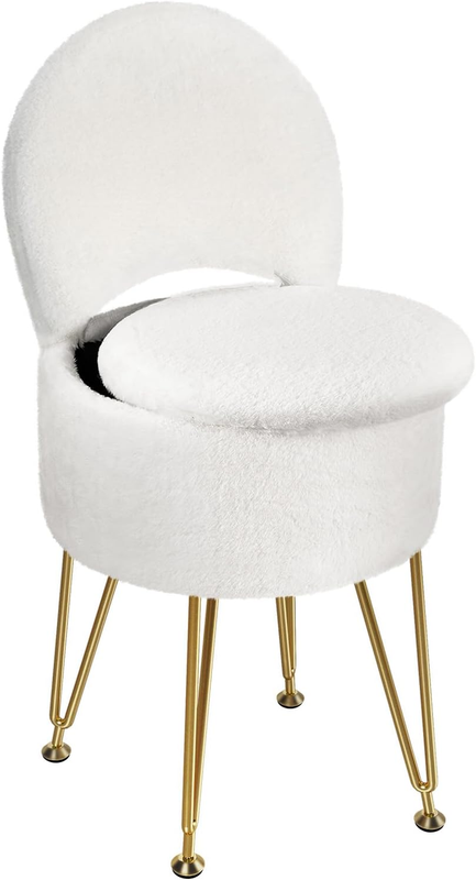 Faux Fur Vanity Stool Chair w/Storage Folding Back Ottoman White9