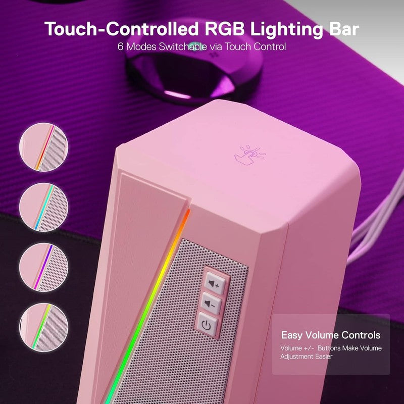 GS520 RGB Desktop Speakers Pink 2.0 USB PC Stereo LED 6 Modes 3.5mm3
