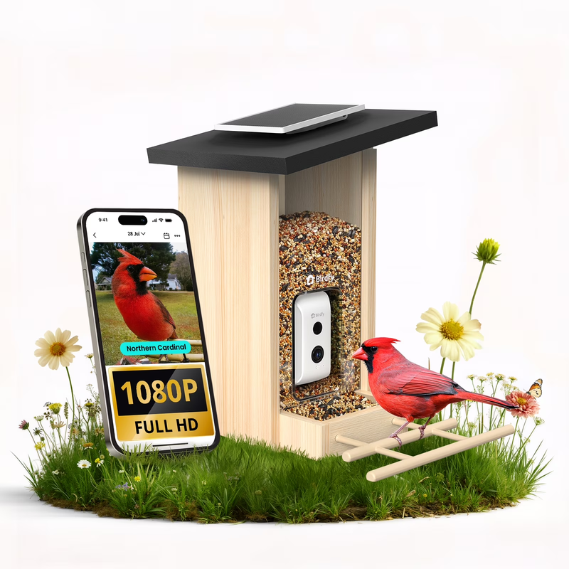 Smart Bird Feeder w Camera Solar Panel AI ID 6000+ Species Wooden Ebony10
