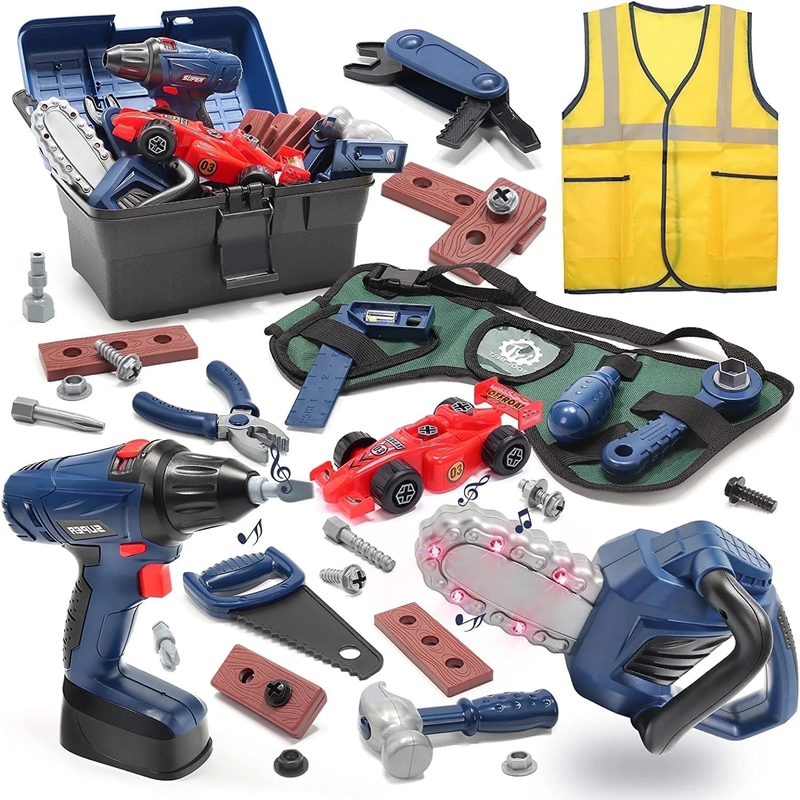 47Pc Kids Pretend Play Tool Set with Toy Drill Chainsaw Tool Box for Boys10