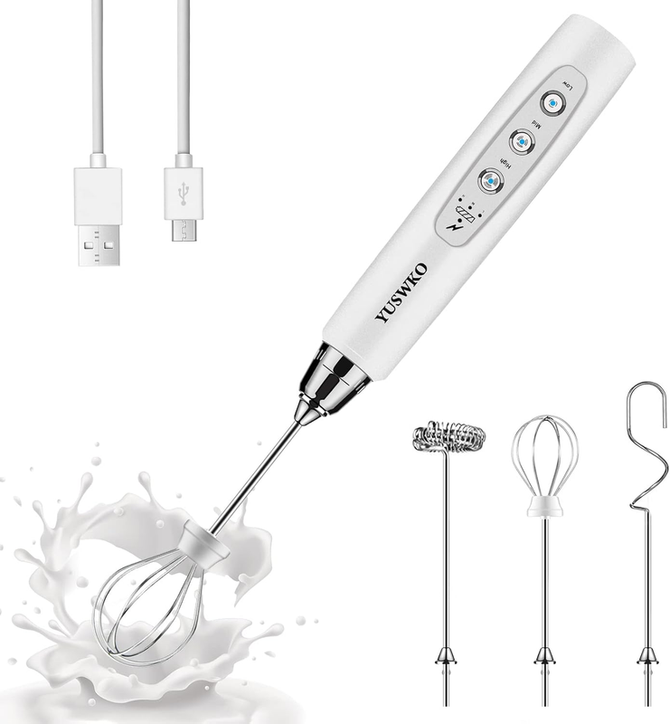 Milk Frother Handheld Rechargeable 3 Speed 3 Heads Coffee Whisk White9