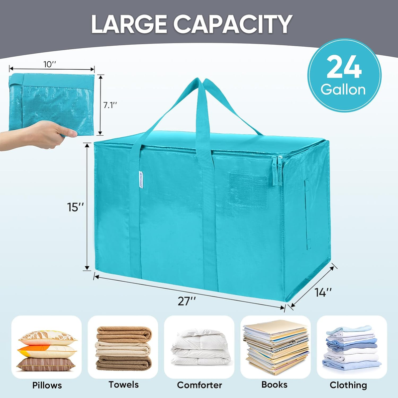 6 Pack Extra Large Heavy Duty Moving Bags Zipper Storage Totes Aqua4