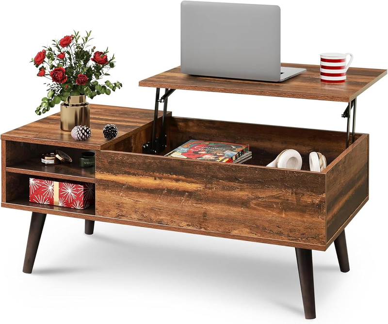 Lift Top Coffee Table w/ Storage Adjustable Shelf Mid Century Rustic Brown10