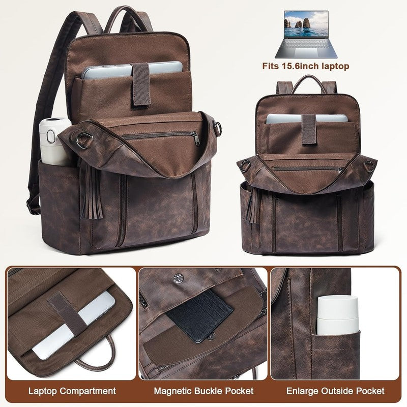 Women Laptop Backpack 15.6" Leather Travel Work Water Resistant Coffee5