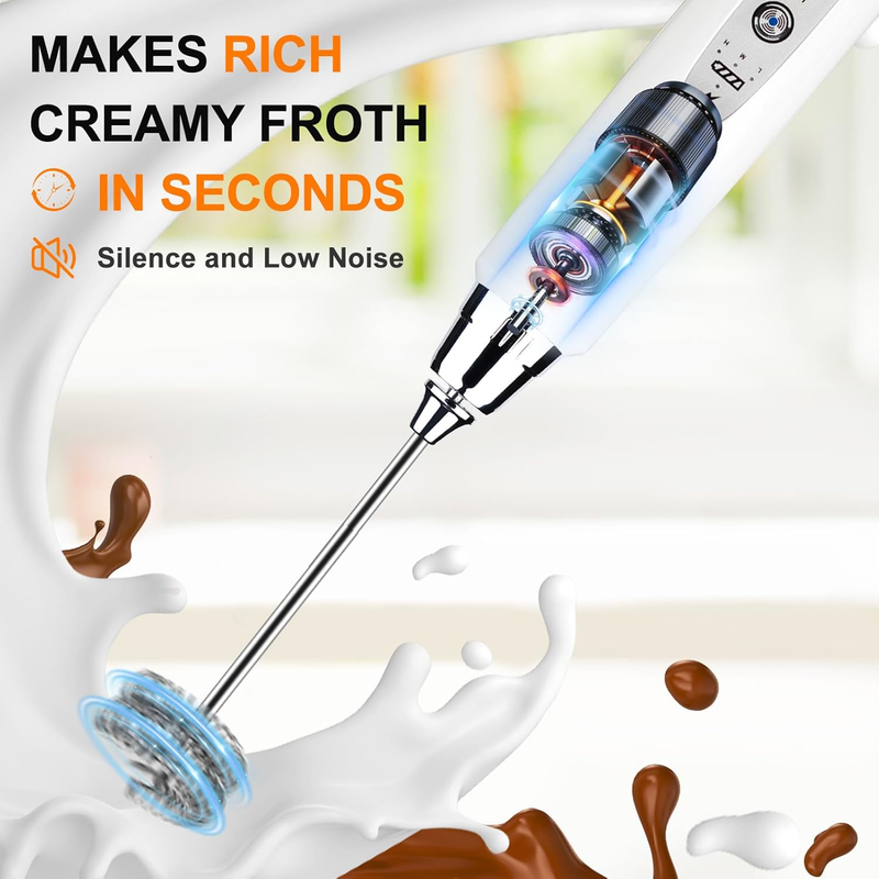Milk Frother Handheld Rechargeable 3 Speed 3 Heads Coffee Whisk White6