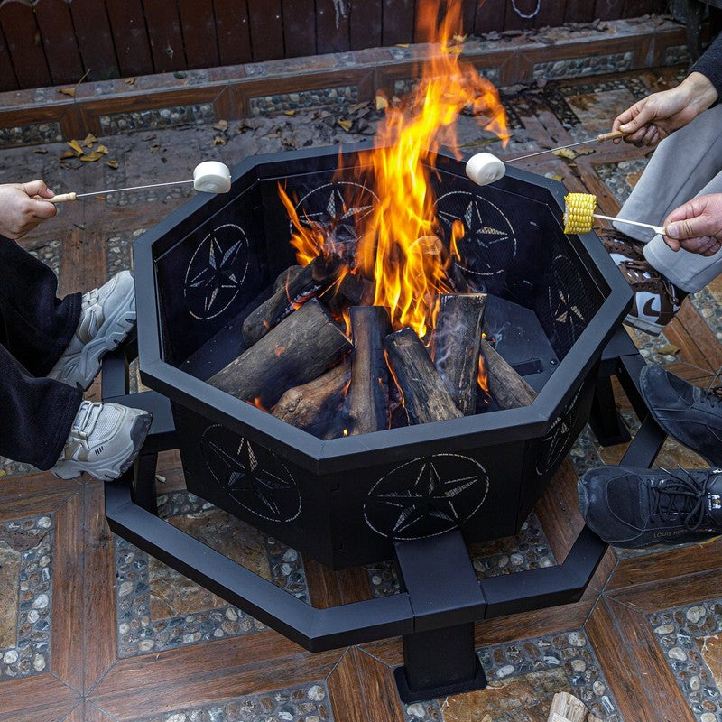 Octagon Wood Fire Pit, 35" Metal Outdoor Firepit for Patio Party Black1