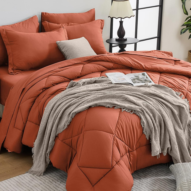 Burnt Orange Queen Comforter Set 7 Piece Bed in Bag Ultra Soft Sheets Shams Set9