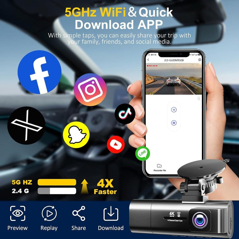 3-Channel 4K+1080P Dash Cam Front Rear Inside w/ WiFi 64GB Card Night Vision3