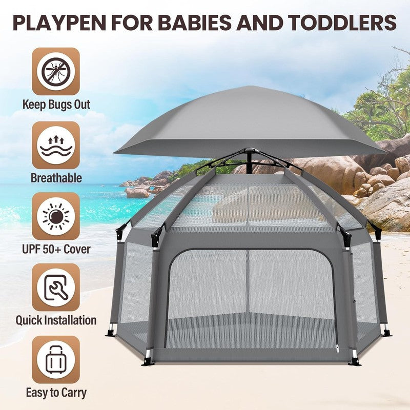 Portable Baby Playpen with Self-Inflating Mat & Travel Bag - Grey1