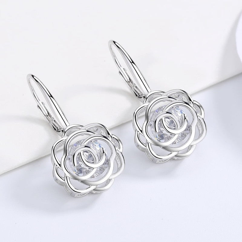 14K White Gold Plated Caged with Crystals Rose Lever Back Earrings3