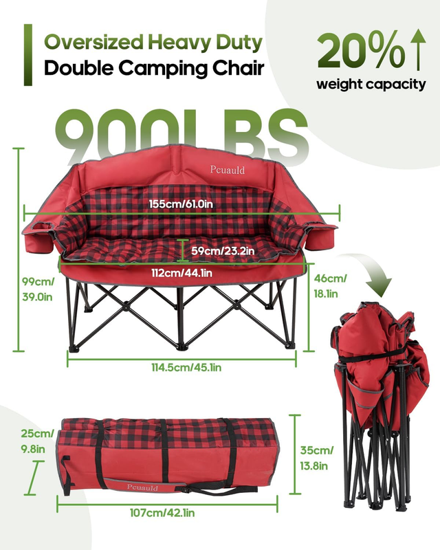 Heavy Duty Double Camping Chair Loveseat Folding Sofa w/ Cup Holders Red1