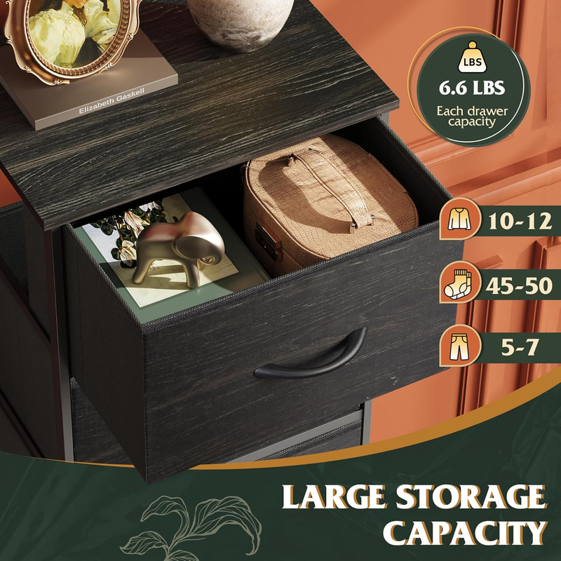 5 Drawer Fabric Dresser Storage Tower Steel Frame Wood Top Black4