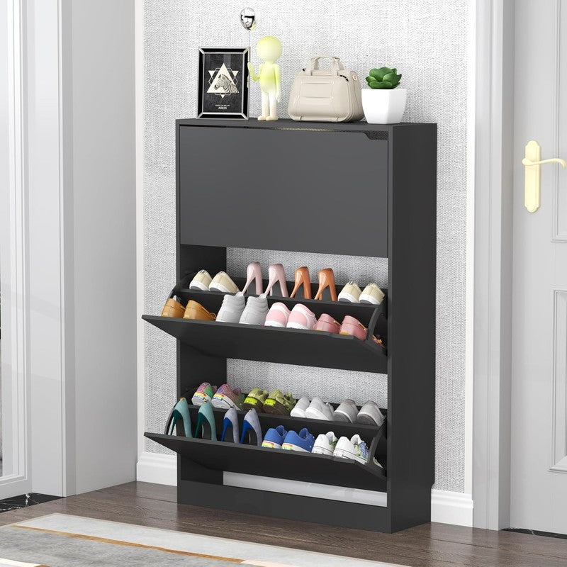 47'' Shoe Cabinet 3 Flip Drawers Slim Wood Storage Rack Organizer Entryway Black4