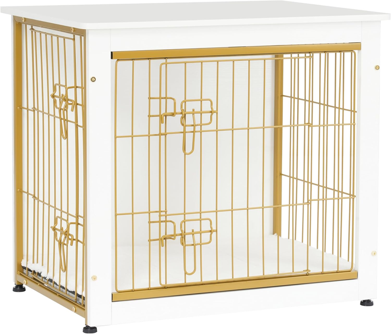 Dog Crate Furniture Table w/Cushion Wooden Kennel Double Door 27.2" White10