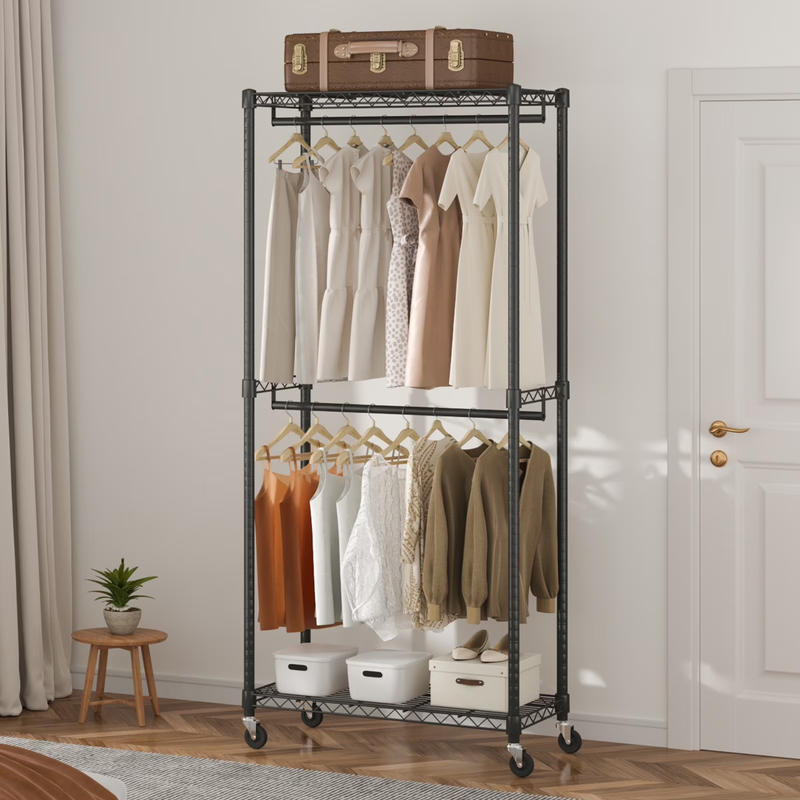 Clothes Rack 300 Lbs Double Hanging Garment Rack with Wheels Heavy Duty Rolling 10