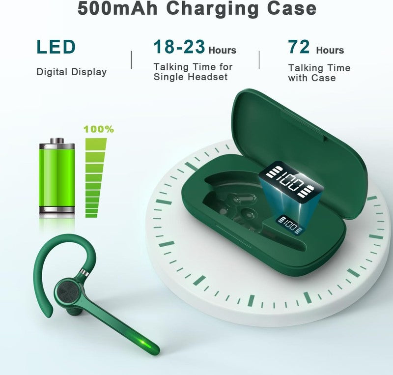 Bluetooth Headset V5.1 Wireless Earpiece 72H Talk 500mAh Case Hands Free Green5