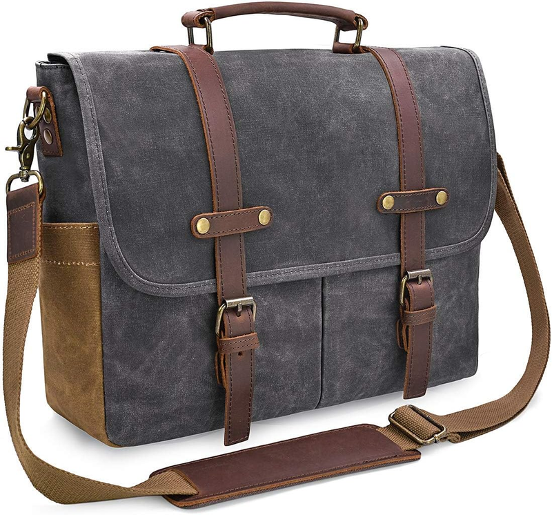 Men's 15.6" Waterproof Leather Canvas Laptop Messenger Bag Grey Satchel9