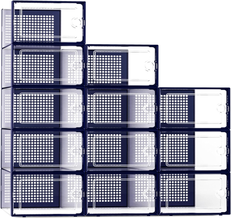 12 Pack X Large Clear Shoe Storage Boxes, Stackable Organizer Bins, Blue0