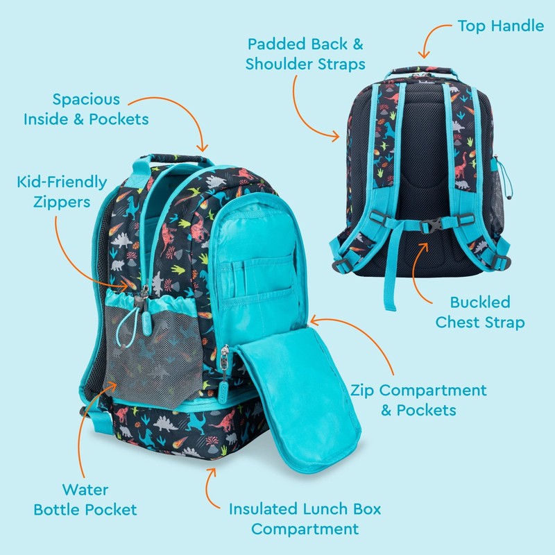 Kids 2 in 1 Backpack and Insulated Lunch Bag Dinosaur Print Water Resistant Scho2