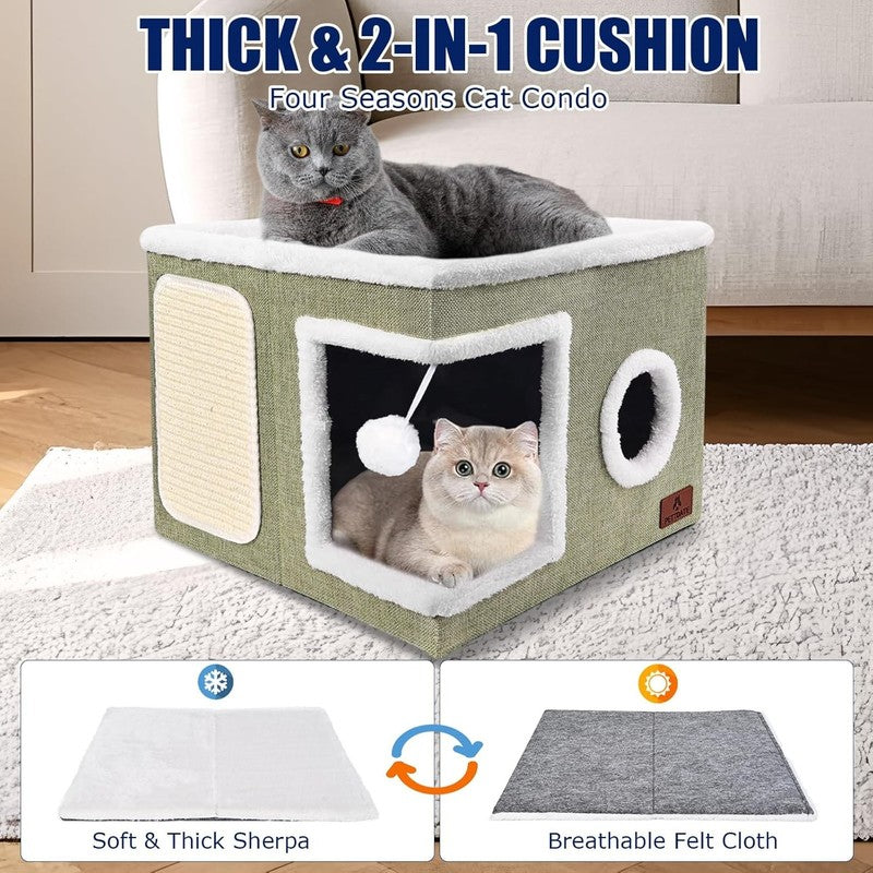 Cat Cave Bed for Indoor Cats – Foldable Cat House with Scratch Pad Green5