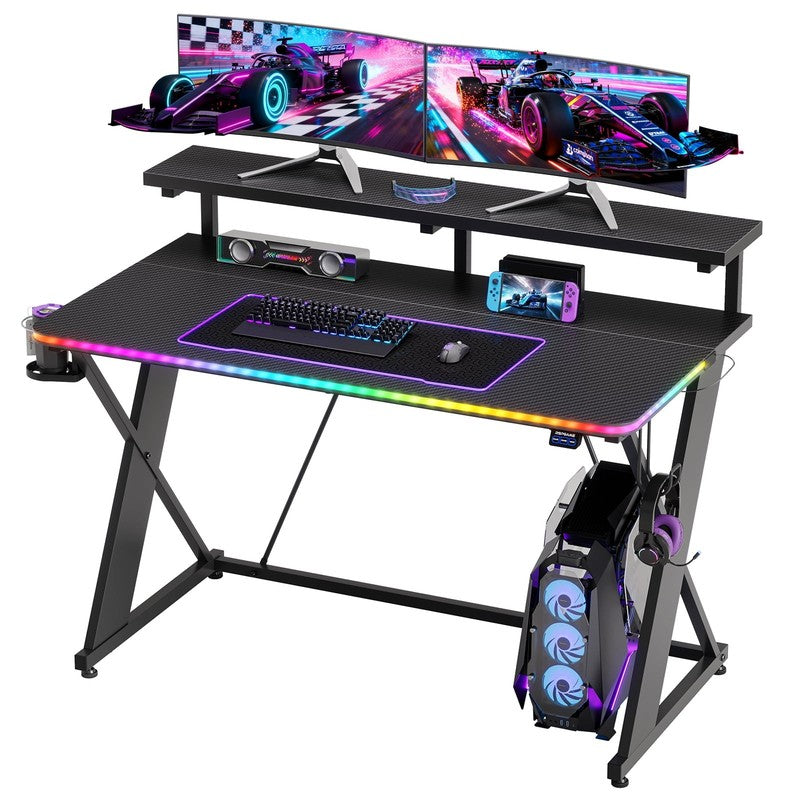 43" X-Shaped Gaming Desk with Music Sync LED, Monitor Stand Black Racing9