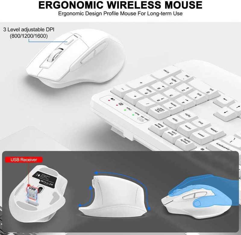 Wireless Keyboard and Mouse Combo, 2.4G Full Size Wave Keys Ergonomic Keyboard w3