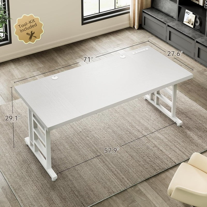71" Executive Desk w/ USB Ports Large Modern Office Table White1