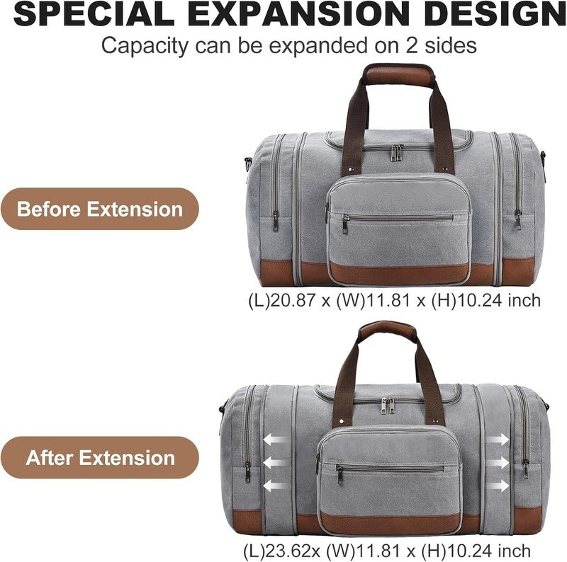 50L Canvas Travel Duffle Bag Grey Overnight Weekender Gym Carry On2
