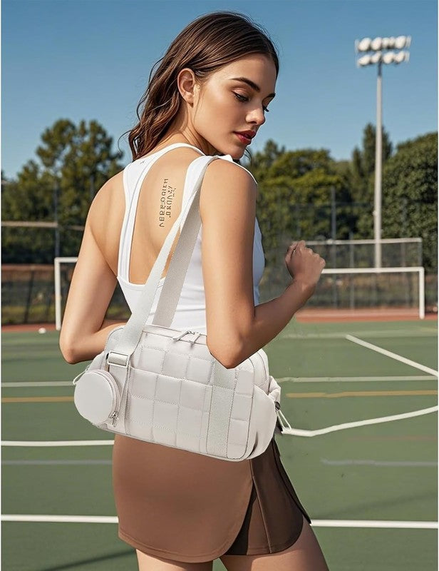 Mini Gym Bag Women Quilted Duffel Wet Compartment Coin Purse Yoga Dance Beige1